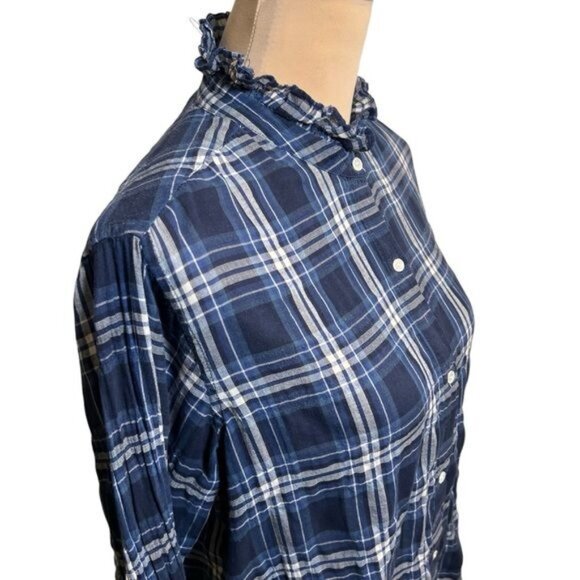 Nili Lotan Vivian Tribeca Design Shirt Navy White Plaid Ruffle Neck Medium - Picture 6 of 12